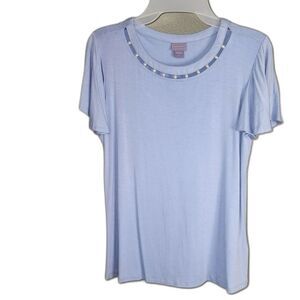 Laura Scott Faux Pearl Collar Light Blue T-Shirt Size L